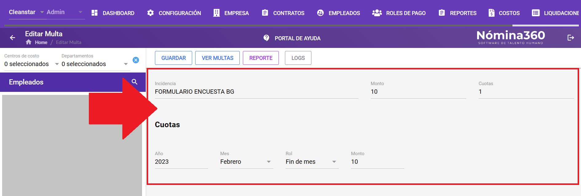 Formulario de edición de la multa