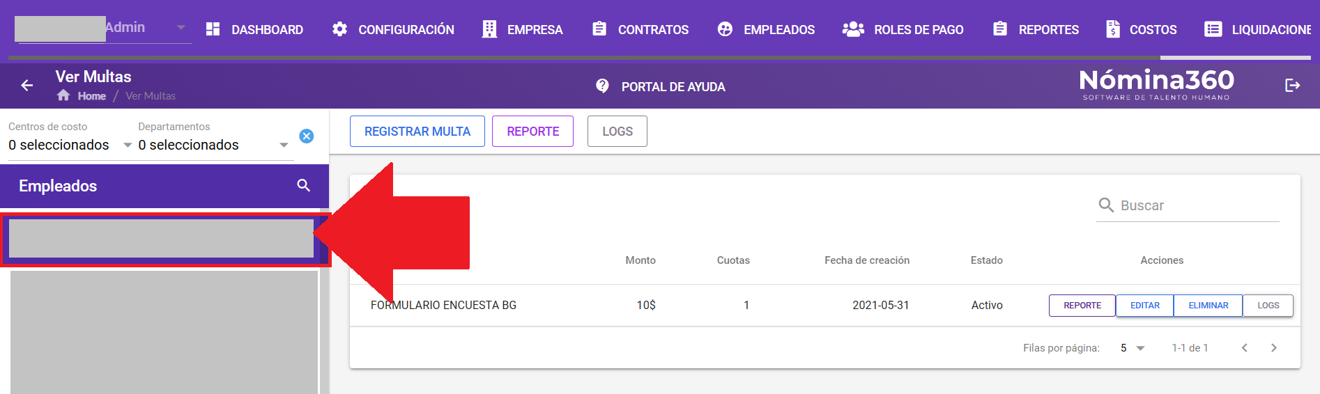 Listado de empleados con multas registradas