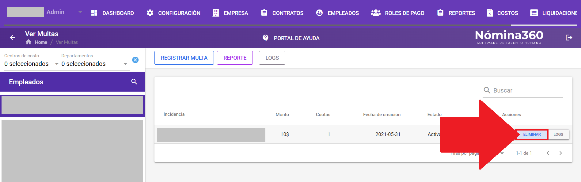 Acción Eliminar junto a una multa del empleado