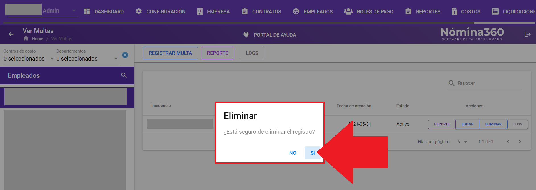 Cuadro de confirmación de eliminación de multa