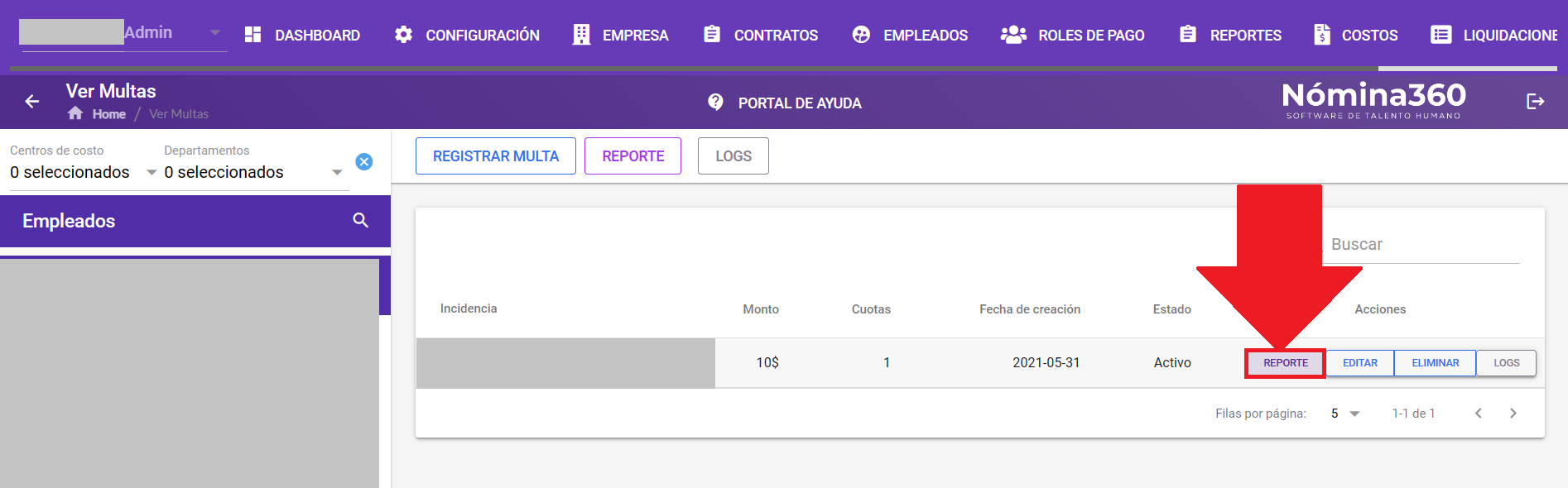 Botón REPORTE junto a una multa del empleado
