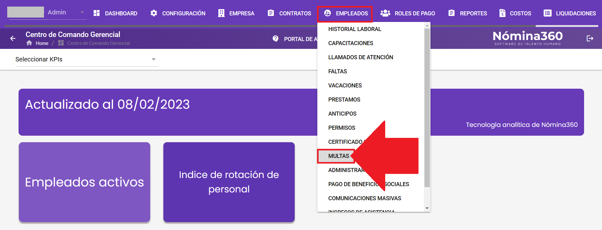 Menú Empleados con la opción Multas