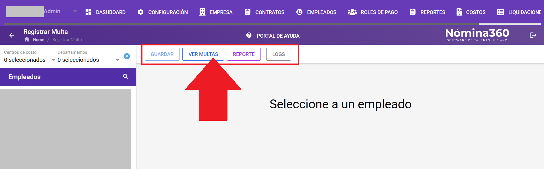 Pantalla principal de multas con las acciones disponibles