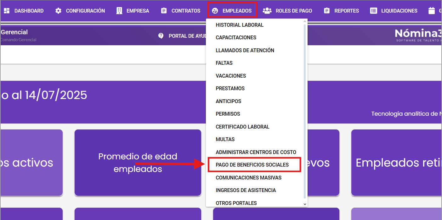 Menú Empleados con la opción Pago de Beneficios Sociales