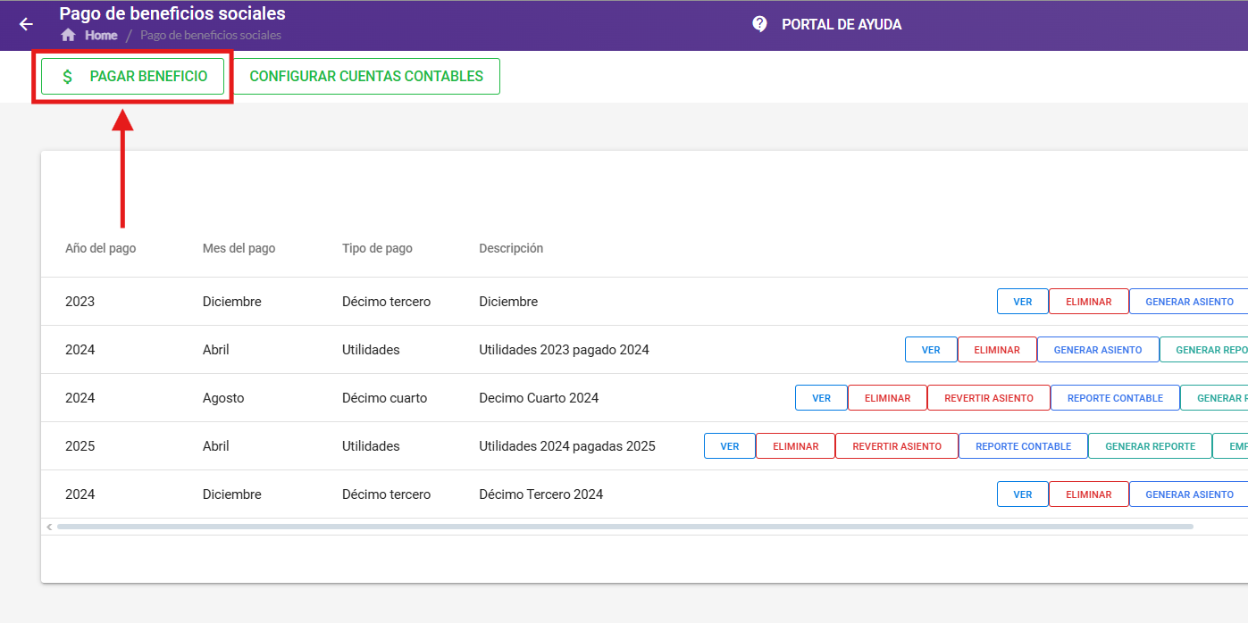 Botón Pagar Beneficio en la pantalla de beneficios sociales