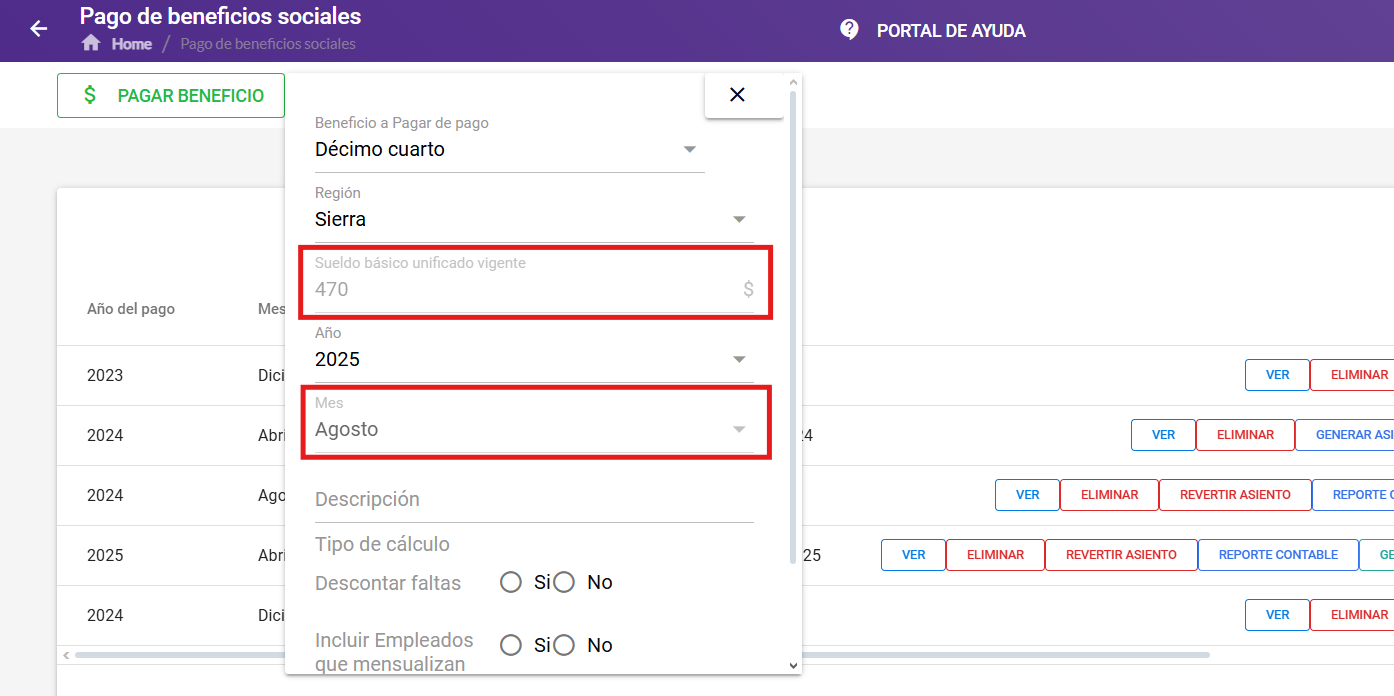 Sueldo Básico Unificado y Mes de Pago completados automáticamente