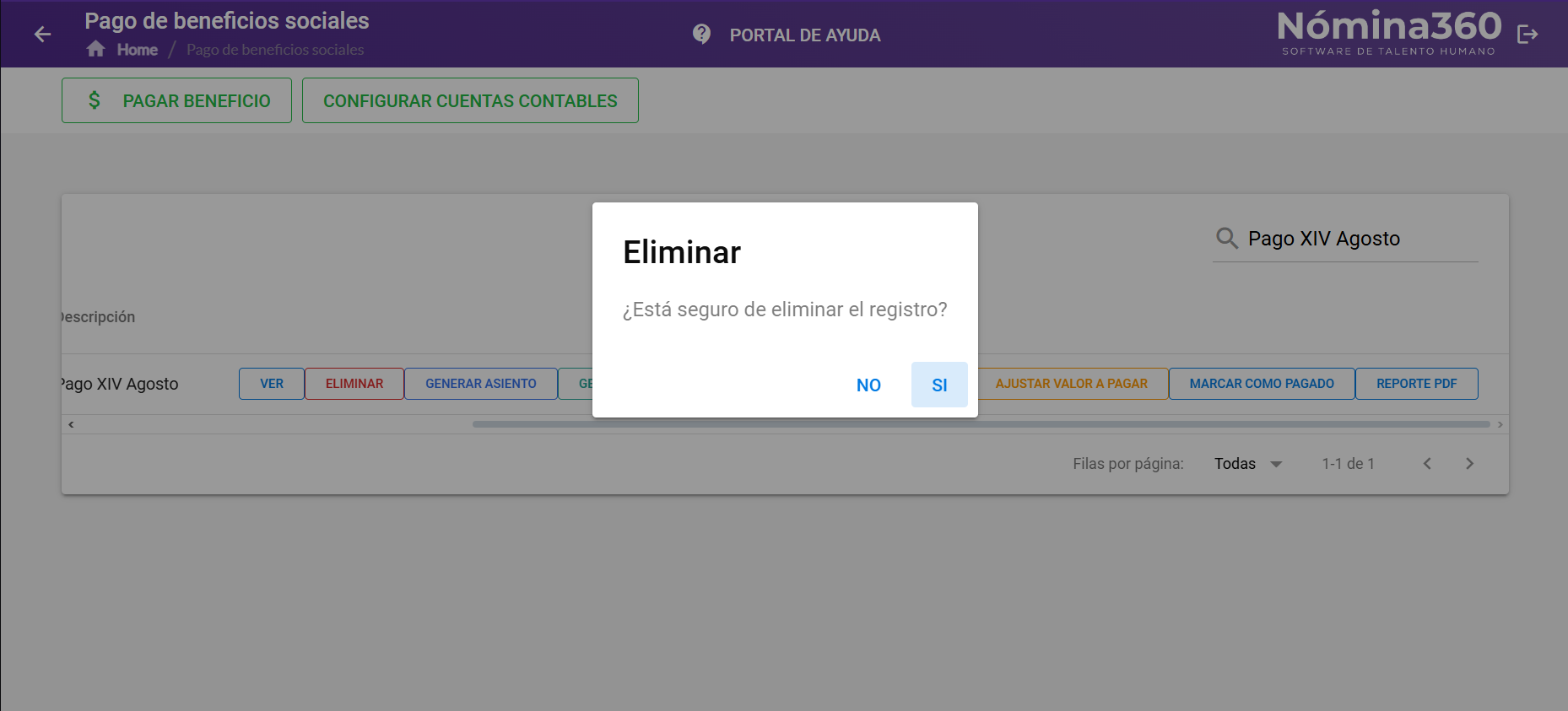 Confirmación de la eliminación del pago