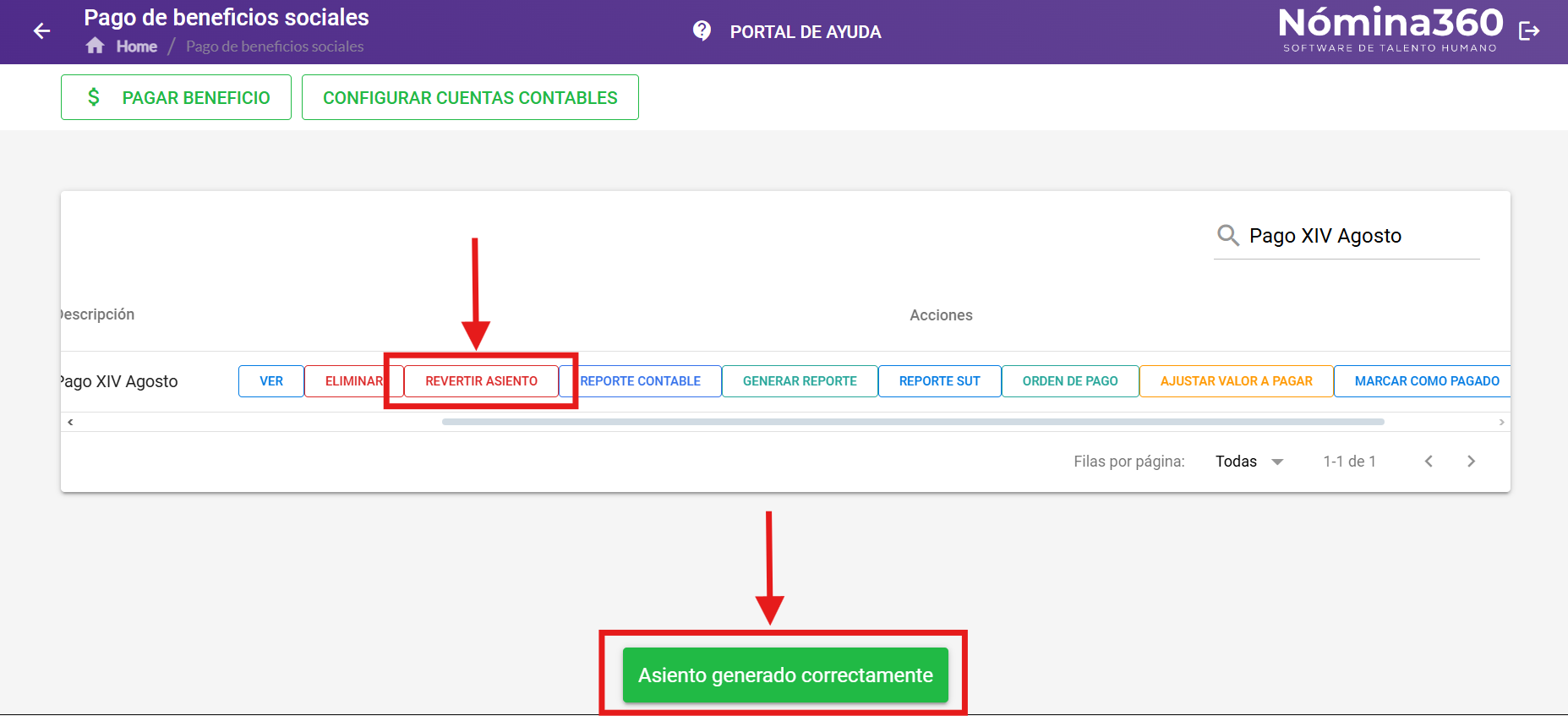 Asiento contable generado del pago