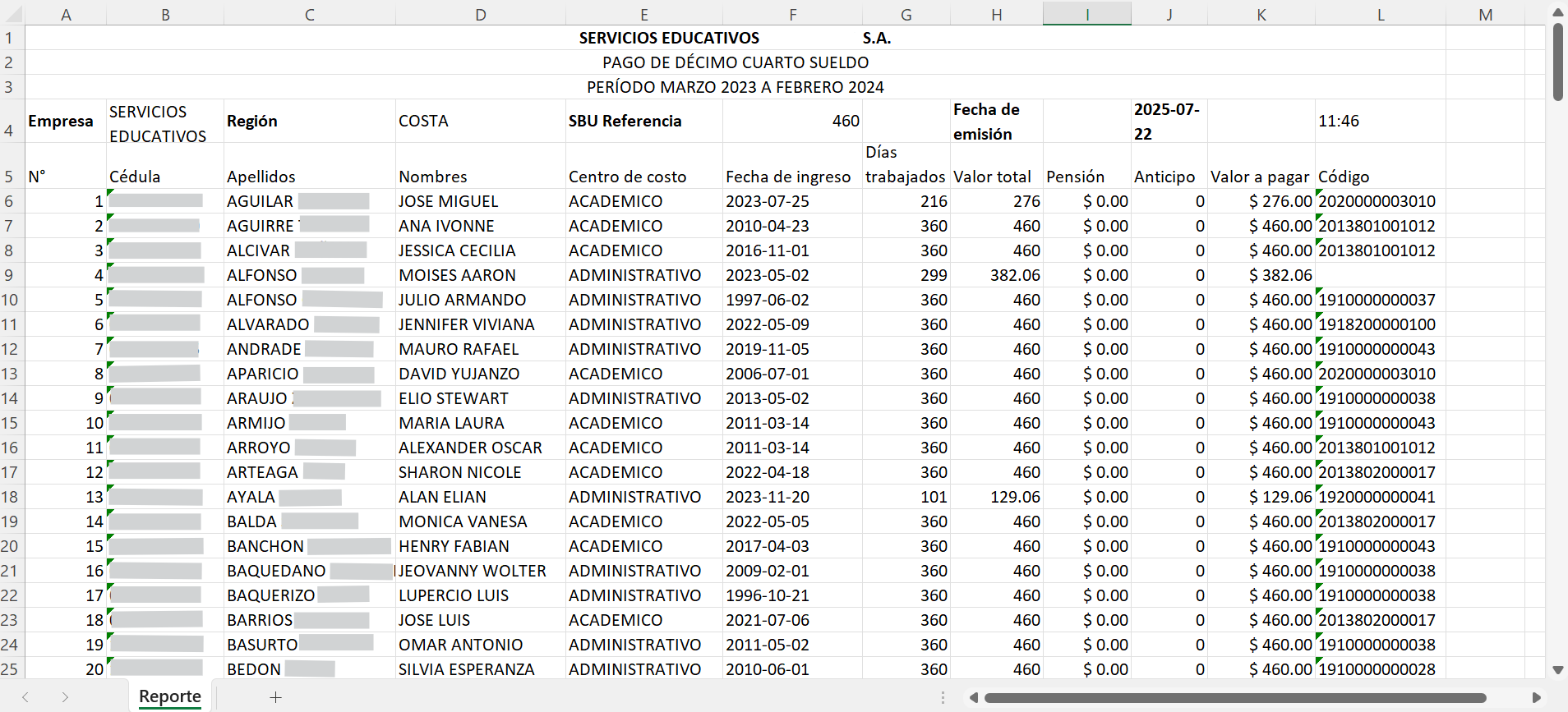 Reporte del pago de décimo cuarto descargado