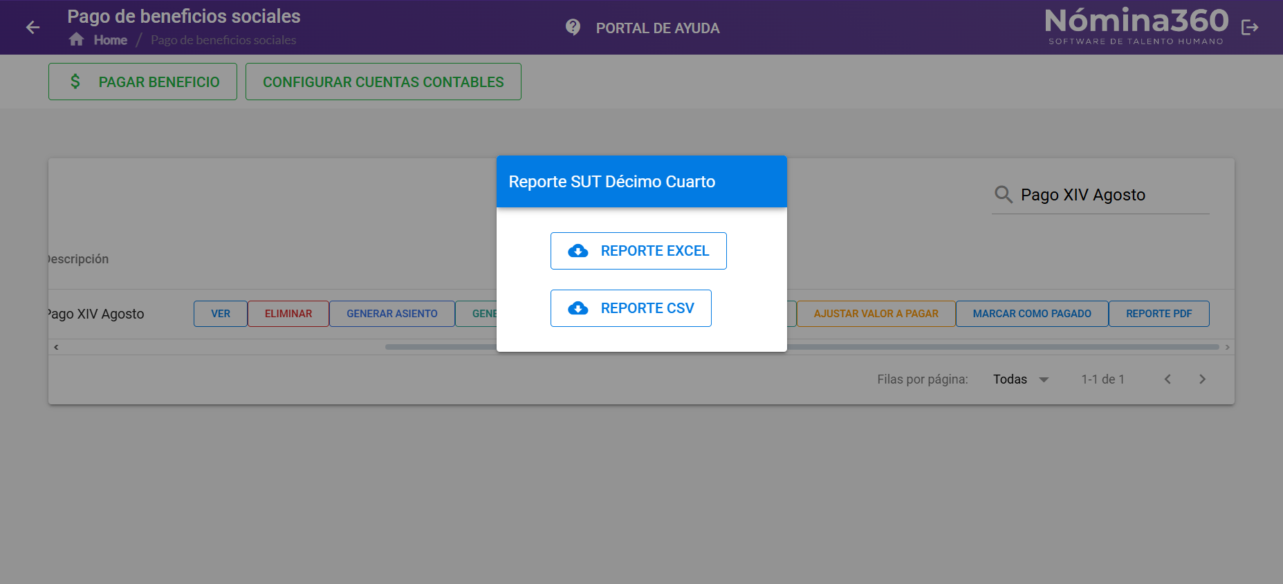 Reporte SUT descargado del pago de décimo cuarto