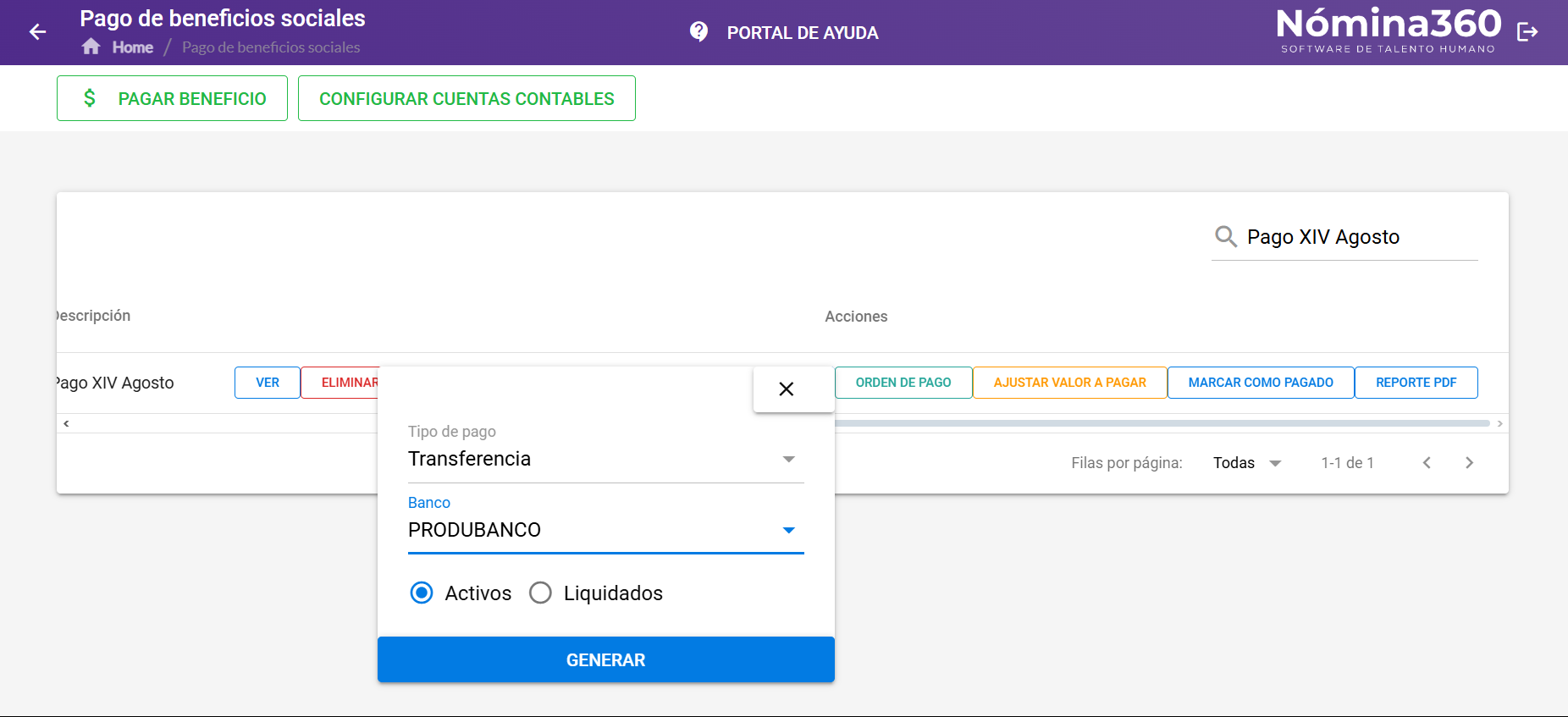 Orden de Pago generada del décimo cuarto sueldo