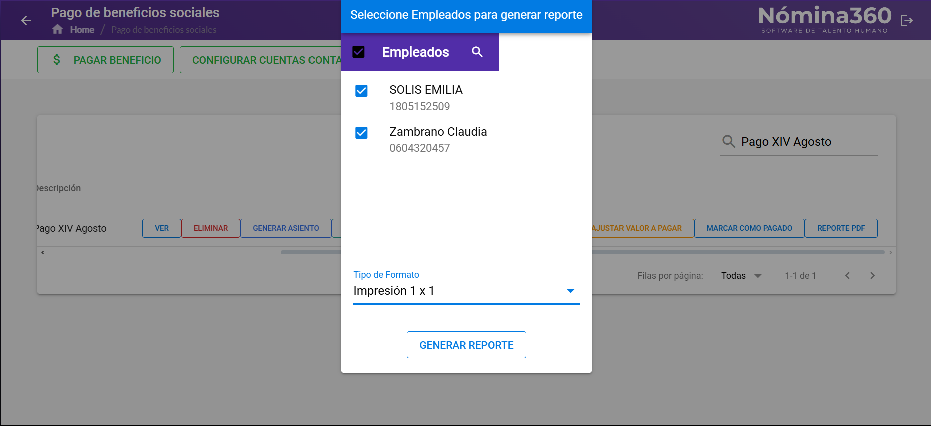 Selección de empleados y formato de impresión del reporte PDF