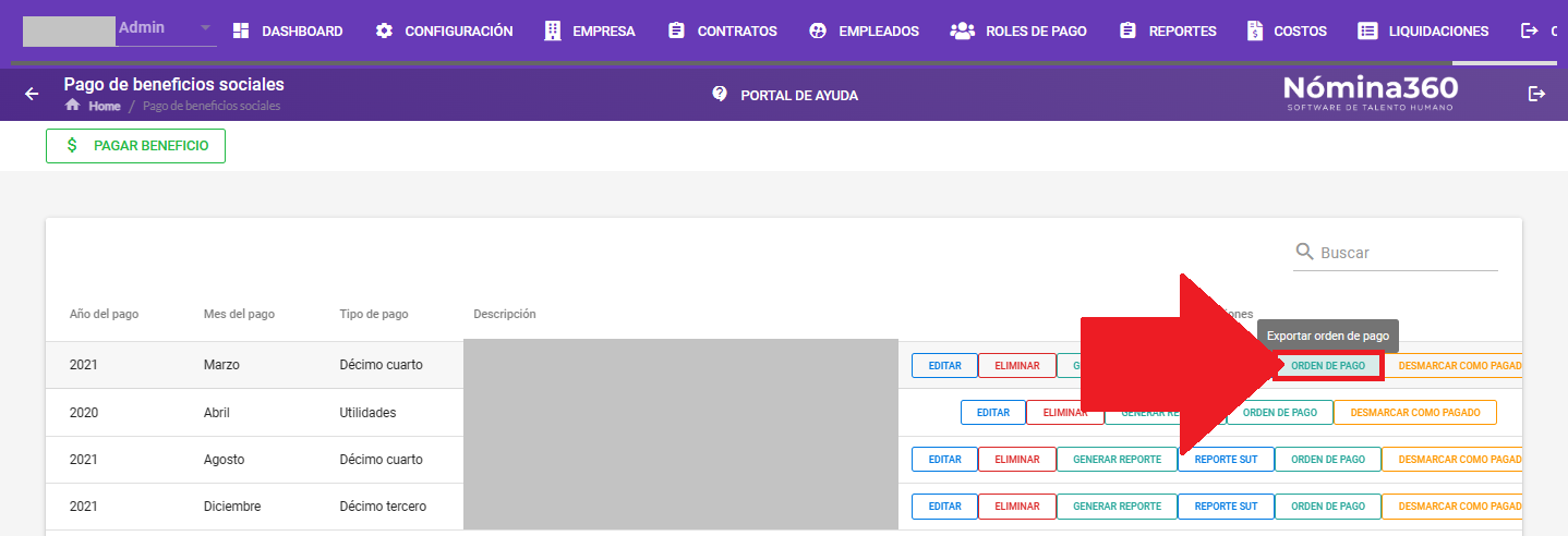 Botón Orden de Pago en el pago de beneficio social
