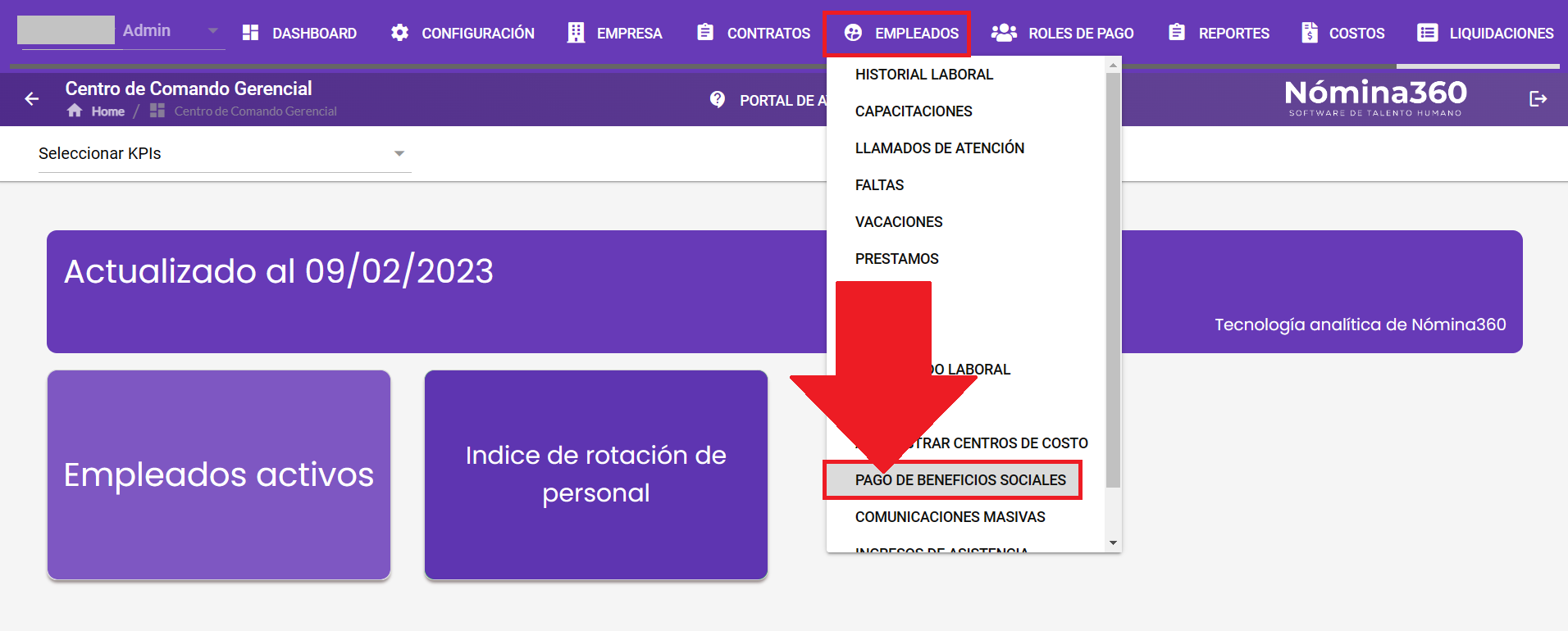 Menú Empleados con la opción Pago de Beneficios Sociales