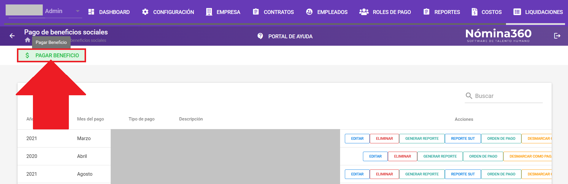 Botón Pagar Beneficio en la pantalla de beneficios sociales