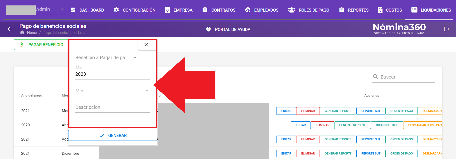 Formulario de pago del décimo tercer sueldo con los datos a completar