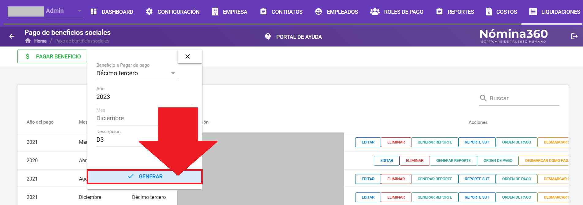 Botón Generar para emitir el pago del décimo tercer sueldo