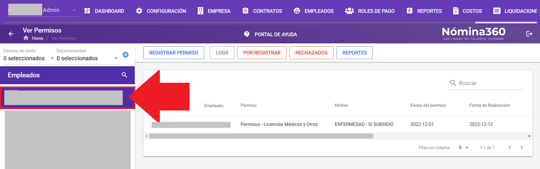Listado de empleados para seleccionar al que se le descargará el reporte