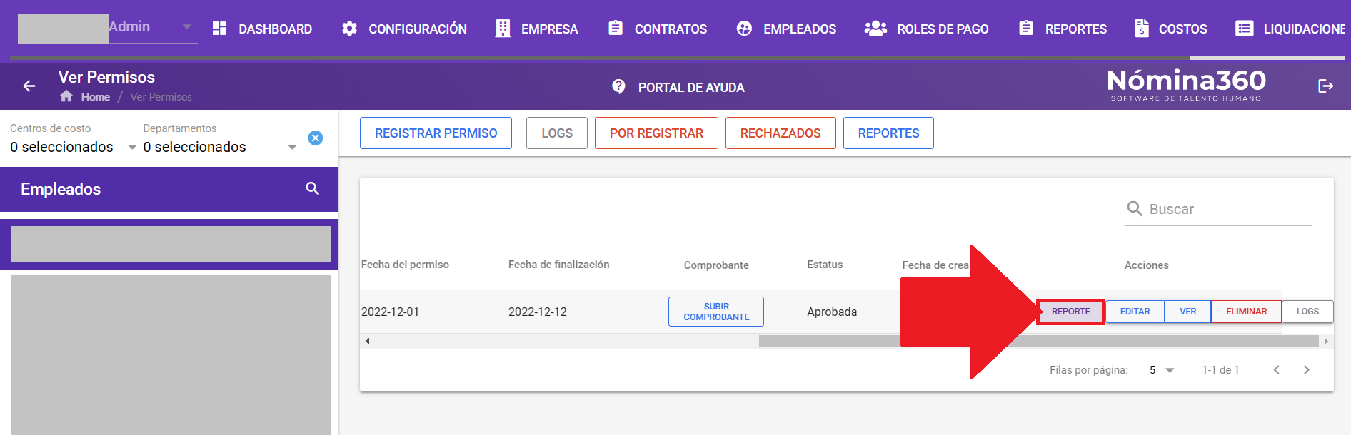 Botón Reporte junto al permiso del empleado