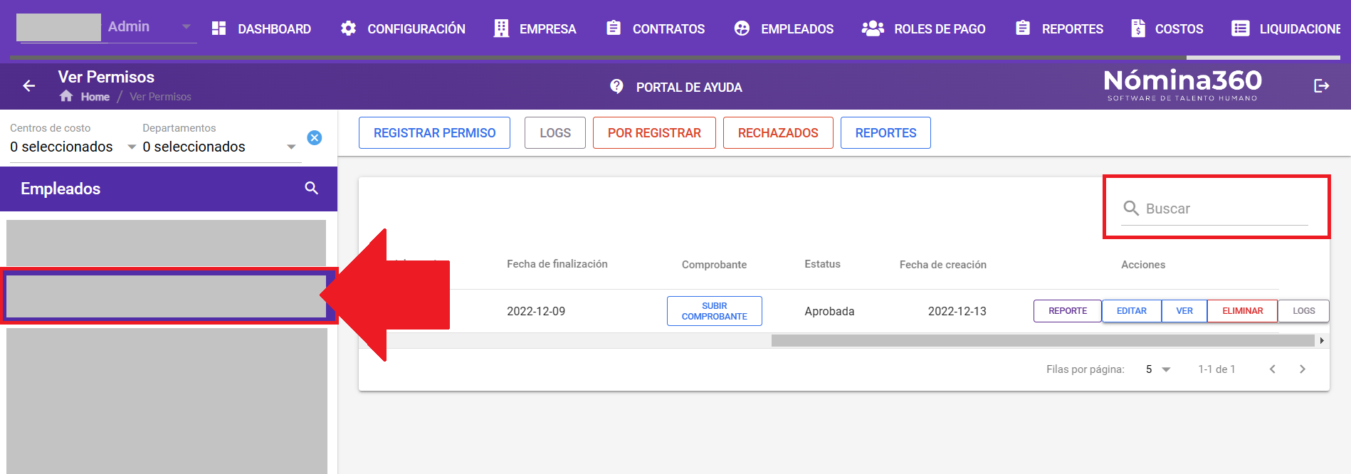 Listado de permisos del empleado seleccionado