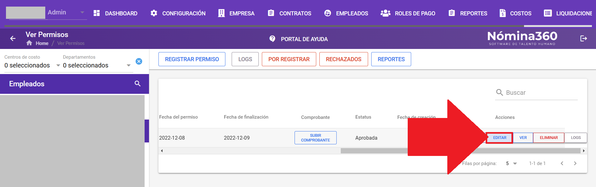 Acción Editar junto al permiso del empleado