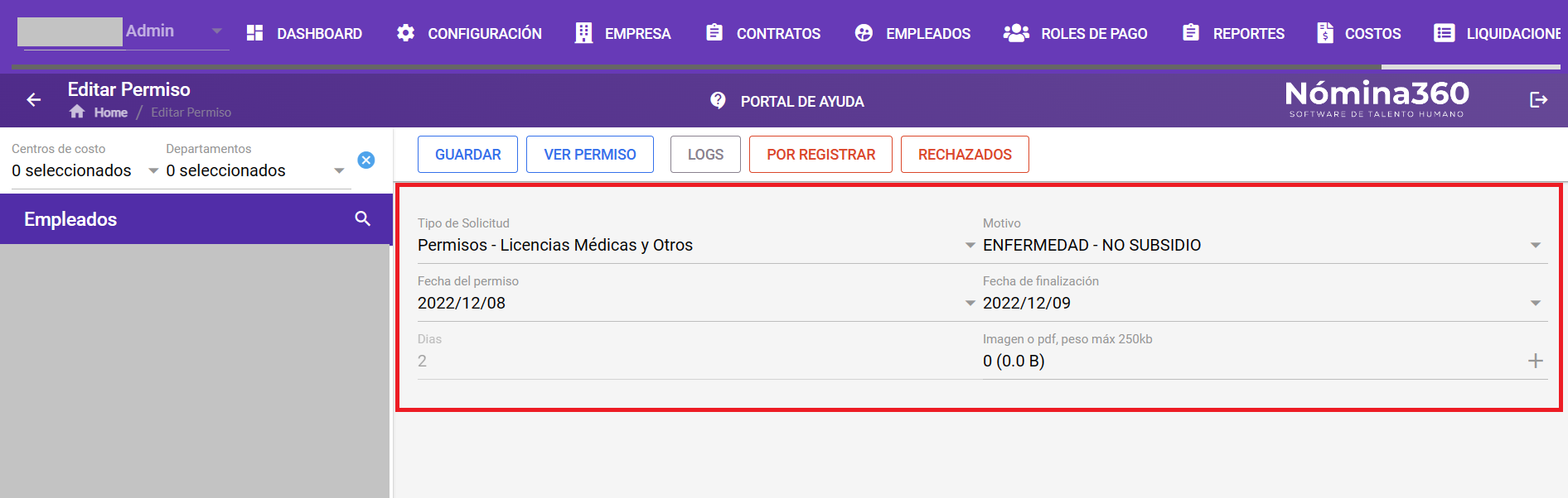 Formulario de edición del permiso