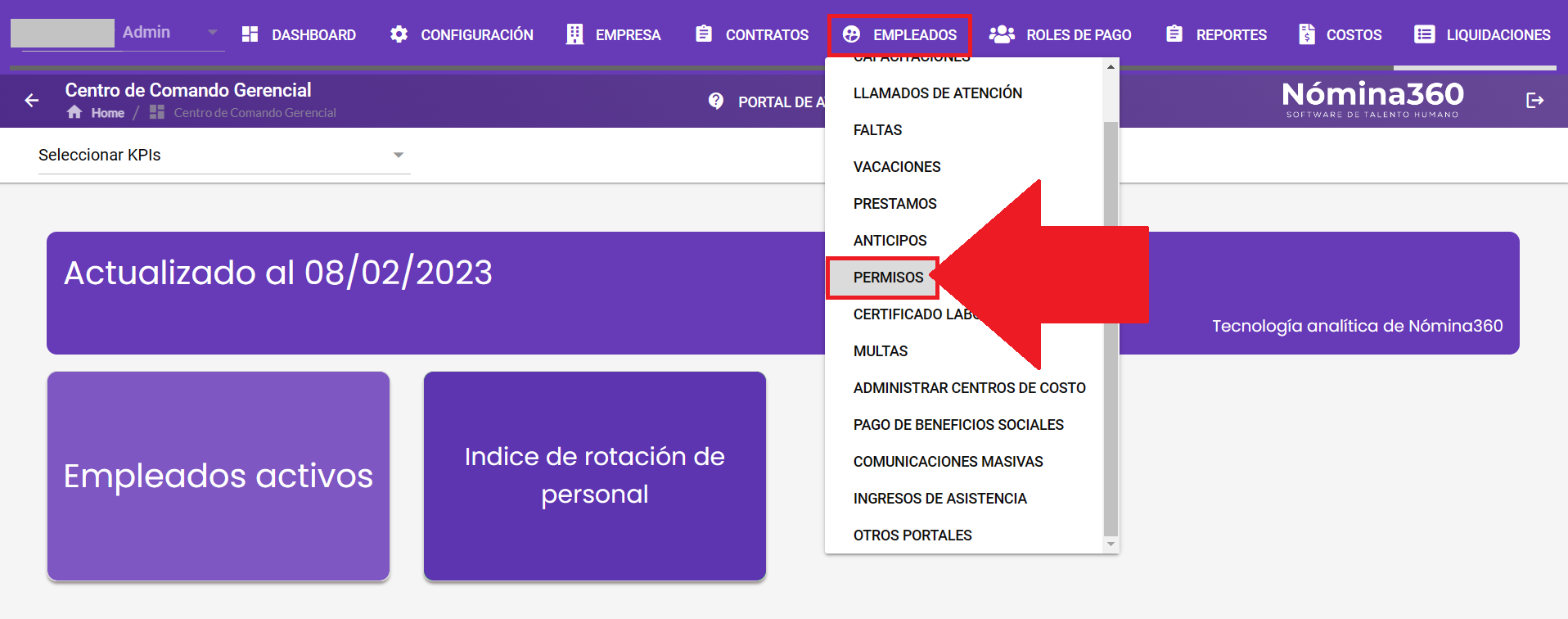 Menú Empleados con la opción Permisos