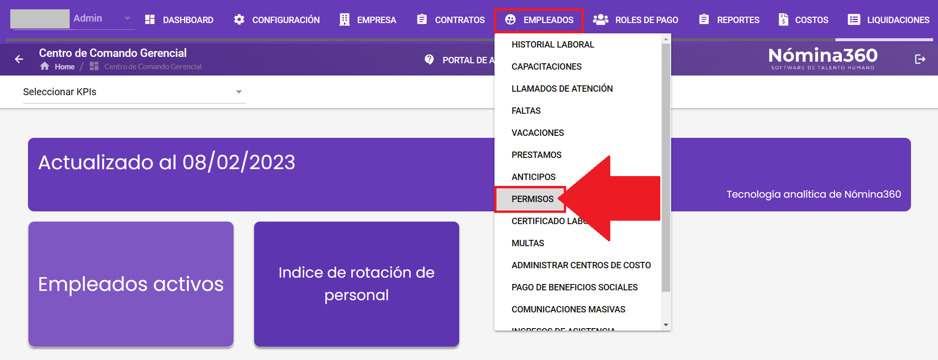 Menú Empleados con la opción Permisos
