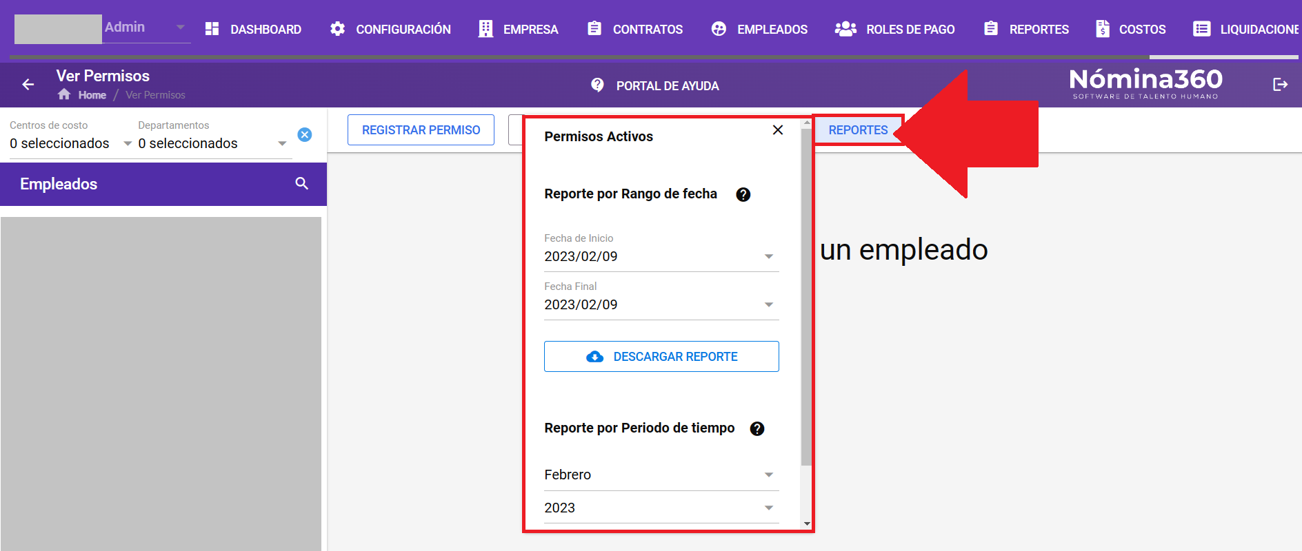 Botón Reportes en la pantalla de permisos