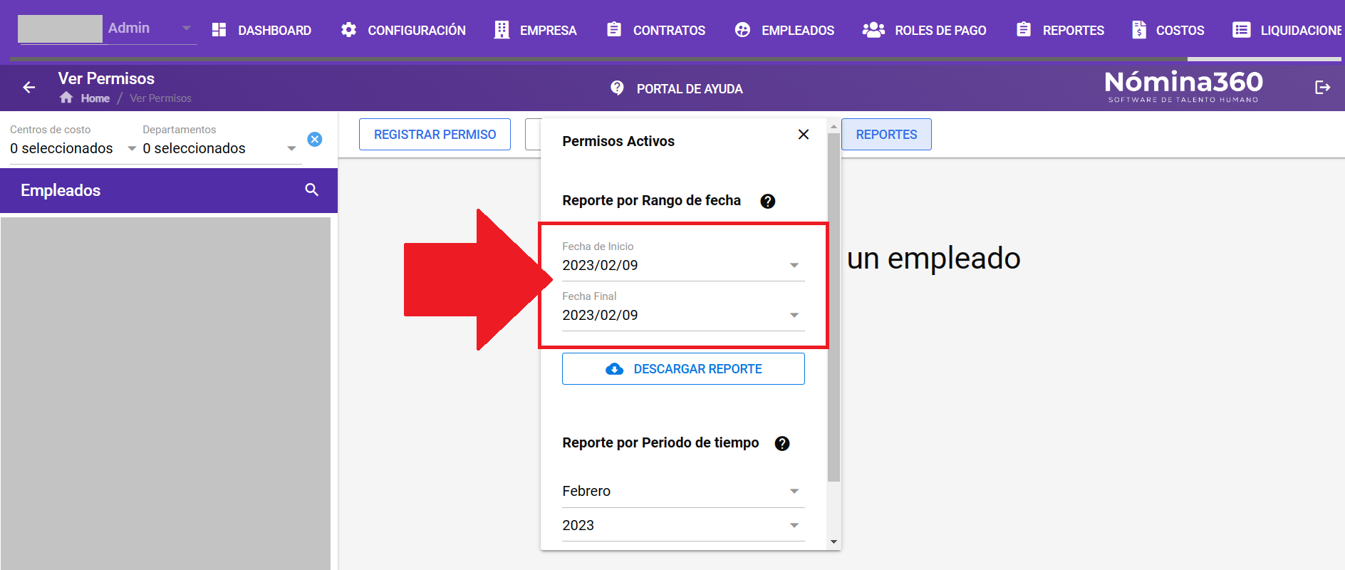 Selección del rango de fechas para el reporte