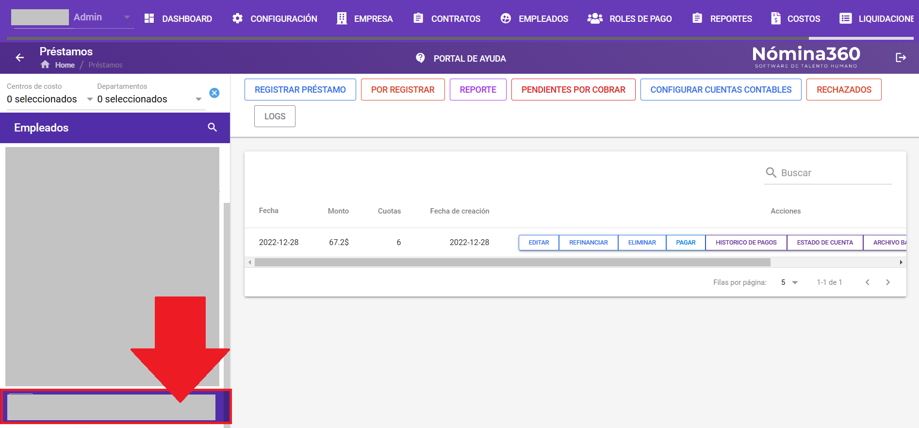 Listado de empleados con préstamos registrados
