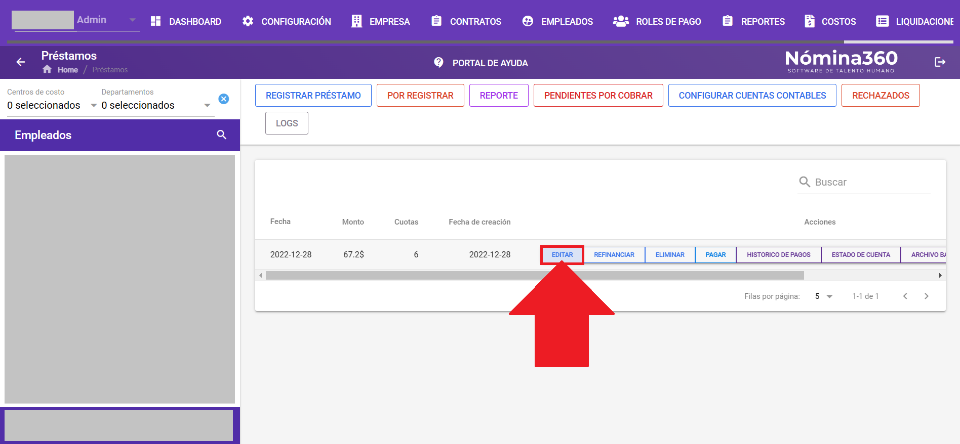 Botón Editar en un préstamo del listado