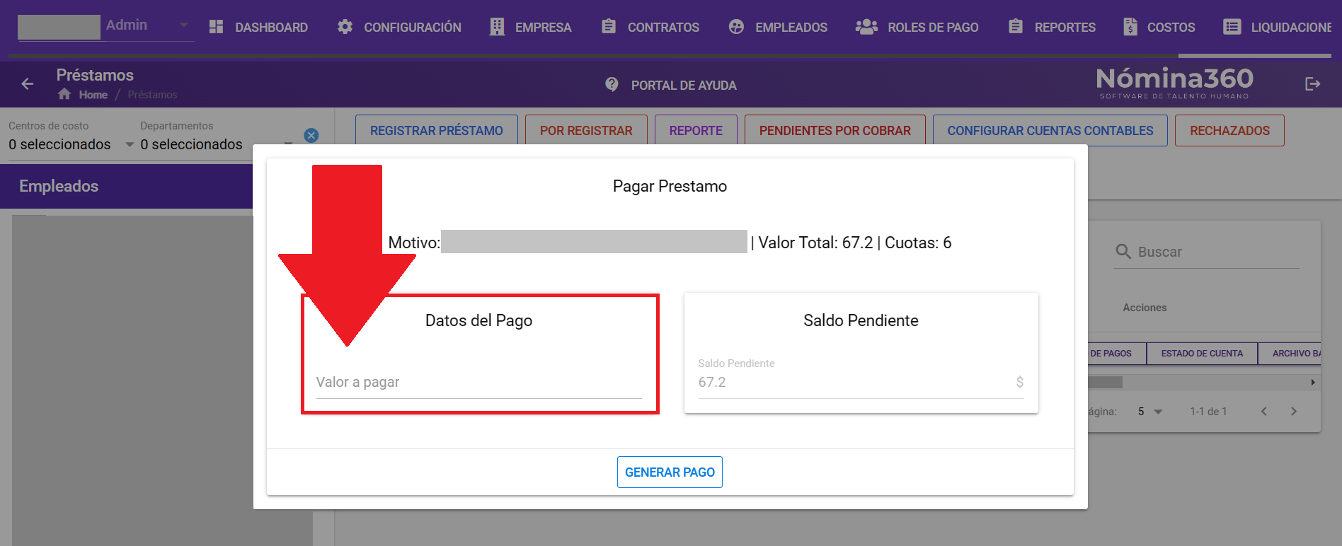 Campo para ingresar el valor a pagar del préstamo
