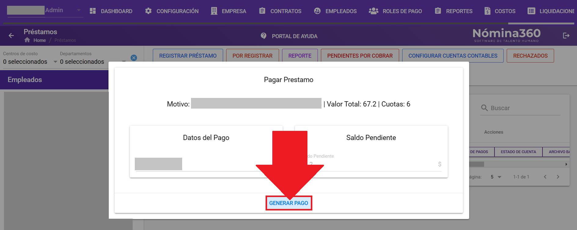 Botón Generar Pago en la pantalla de pago de préstamo