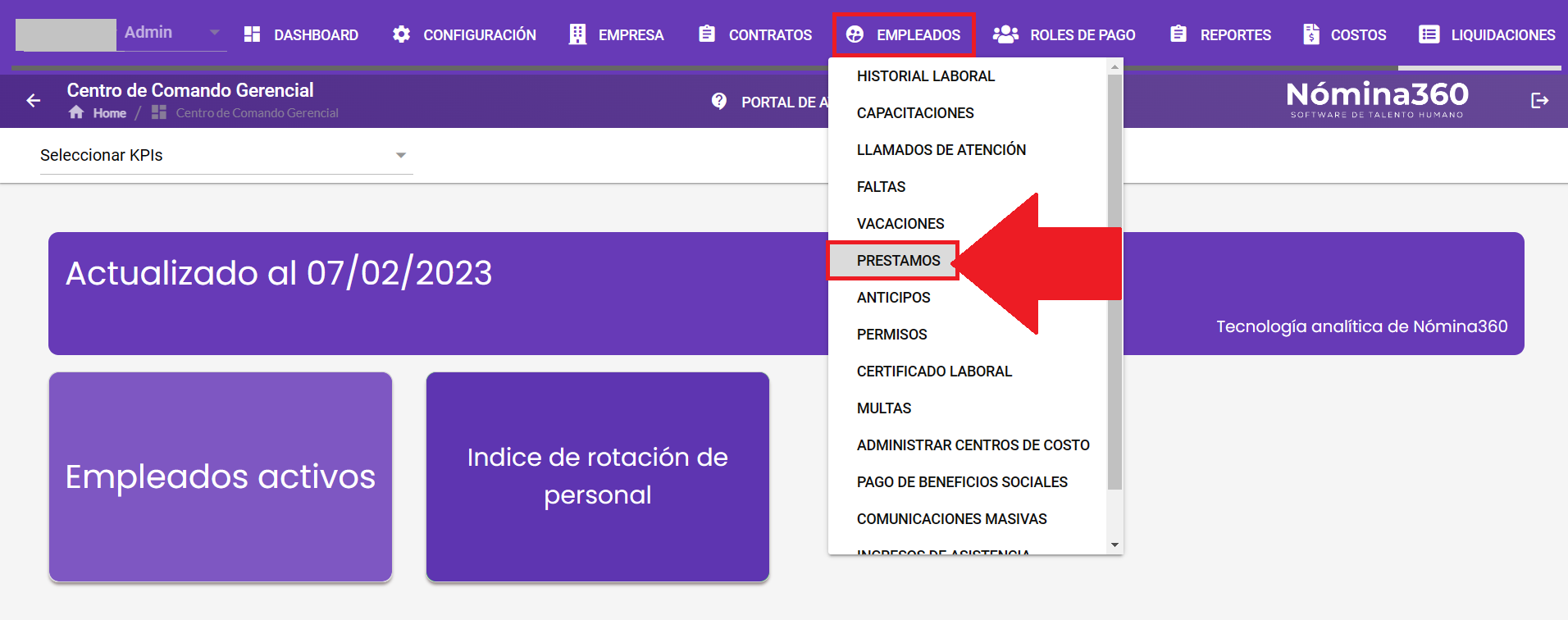 Menú Empleados con la opción Préstamos