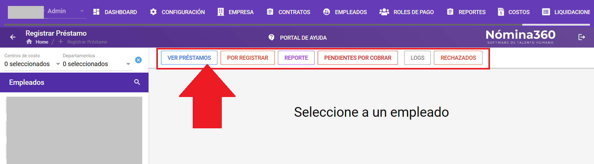 Pantalla principal de préstamos con las acciones disponibles