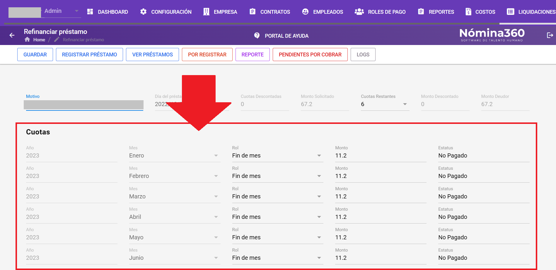 Formulario de refinanciamiento con los campos a modificar