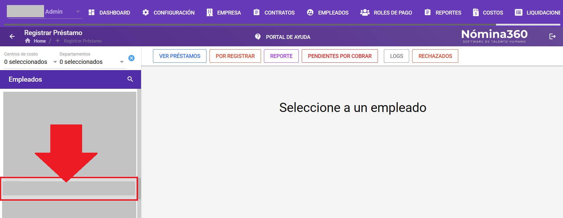 Lista de empleados para seleccionar al beneficiario del préstamo