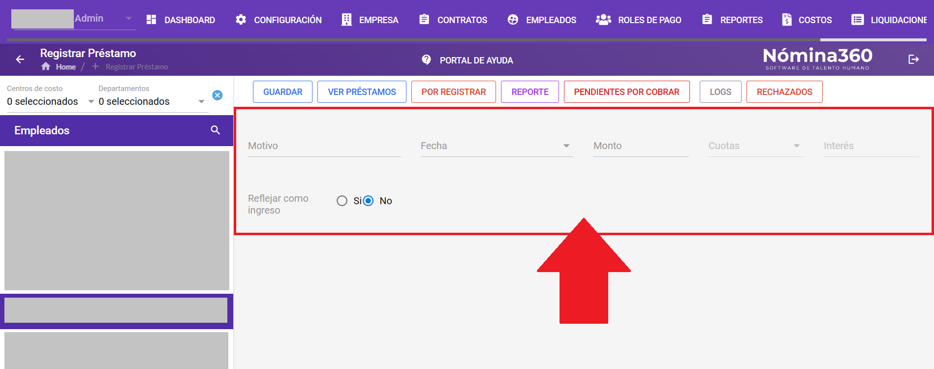 Formulario de registro de préstamo con los campos a completar