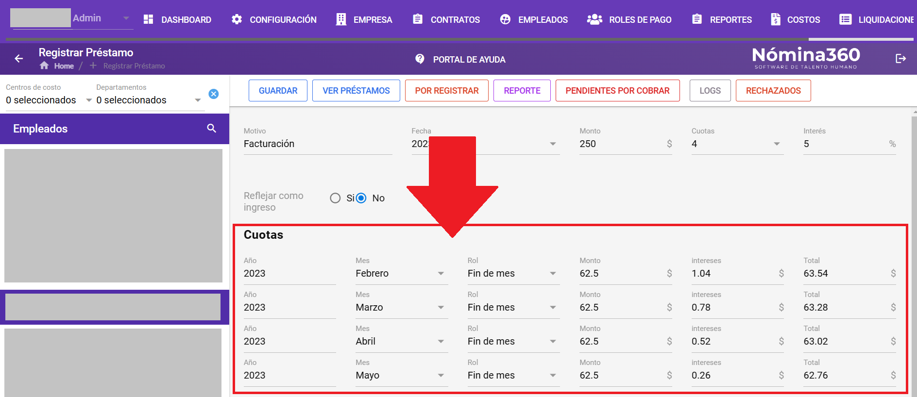 Configuración de las cuotas generadas del préstamo