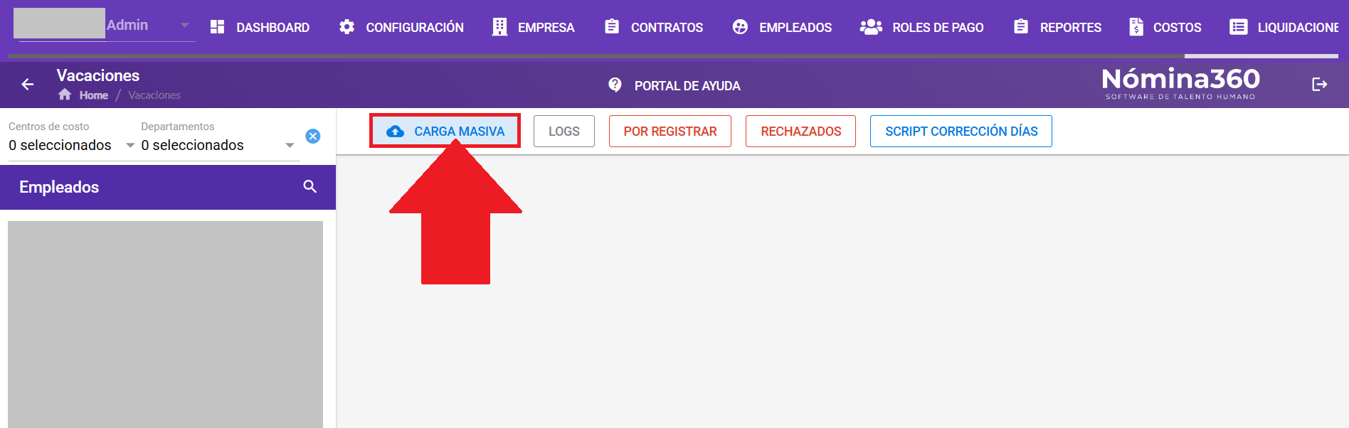 Botón Carga Masiva en la pantalla de vacaciones