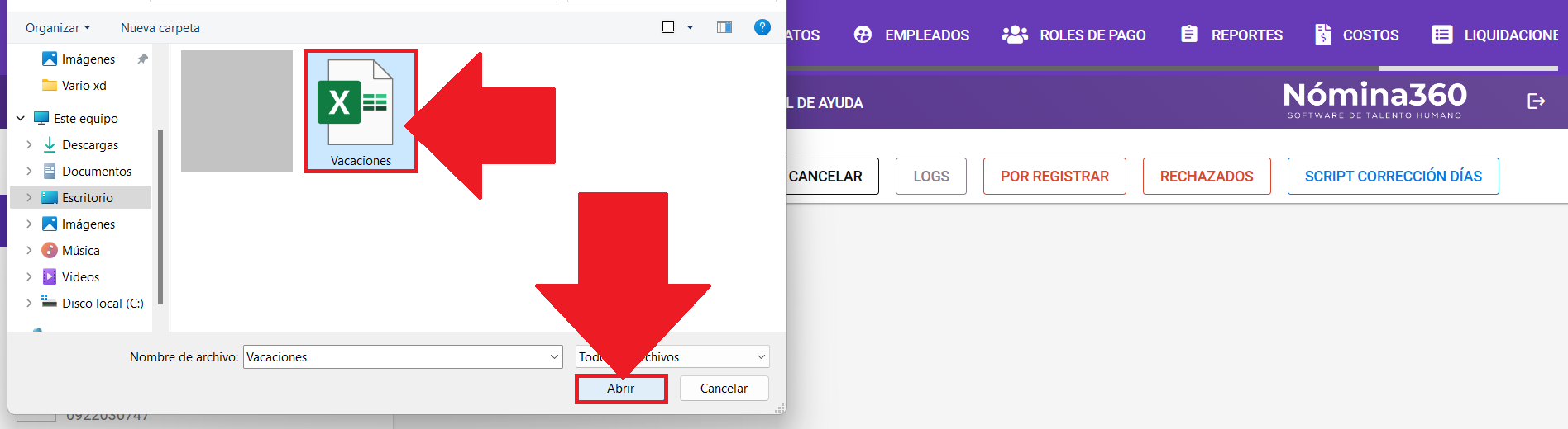 Cuadro de diálogo para seleccionar el archivo de carga masiva