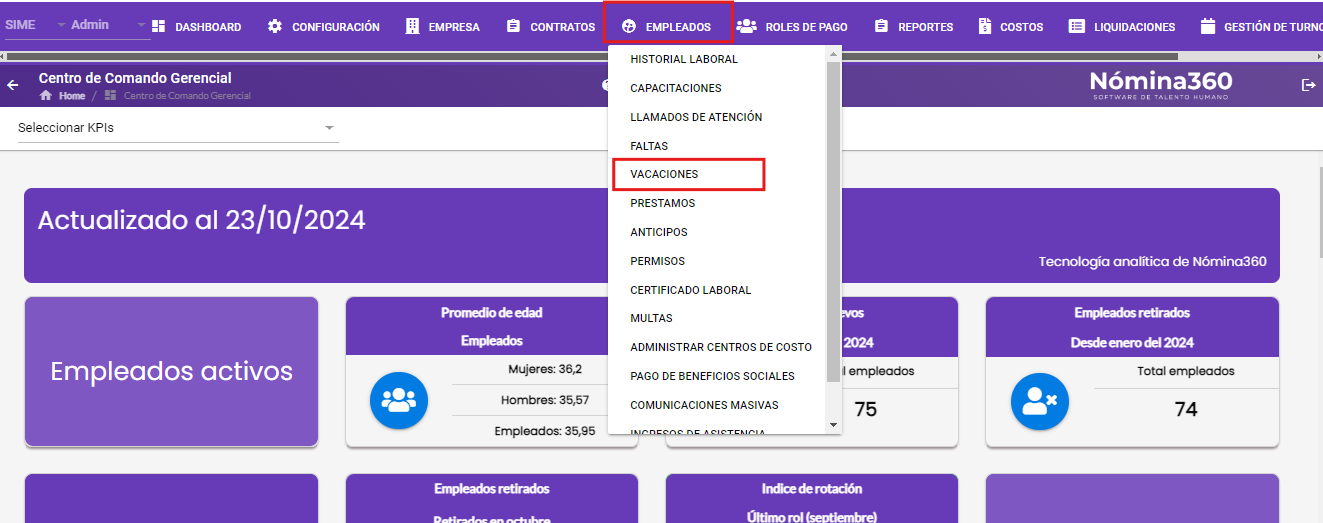 Menú Empleado con la opción Vacaciones desplegada