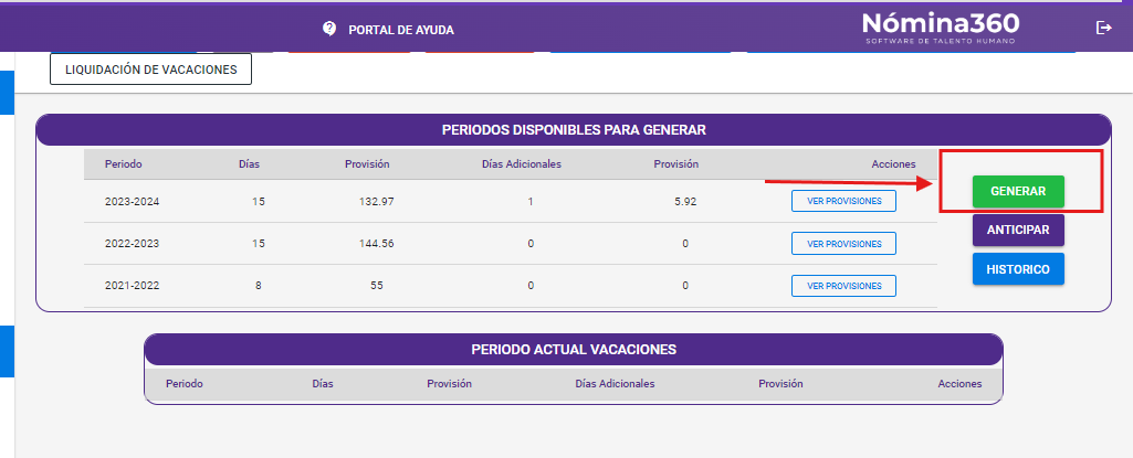 Selección del colaborador y del período de vacaciones