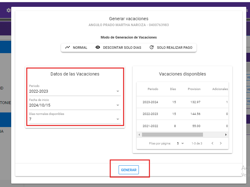 Formulario con período, fecha de inicio y días disponibles a generar