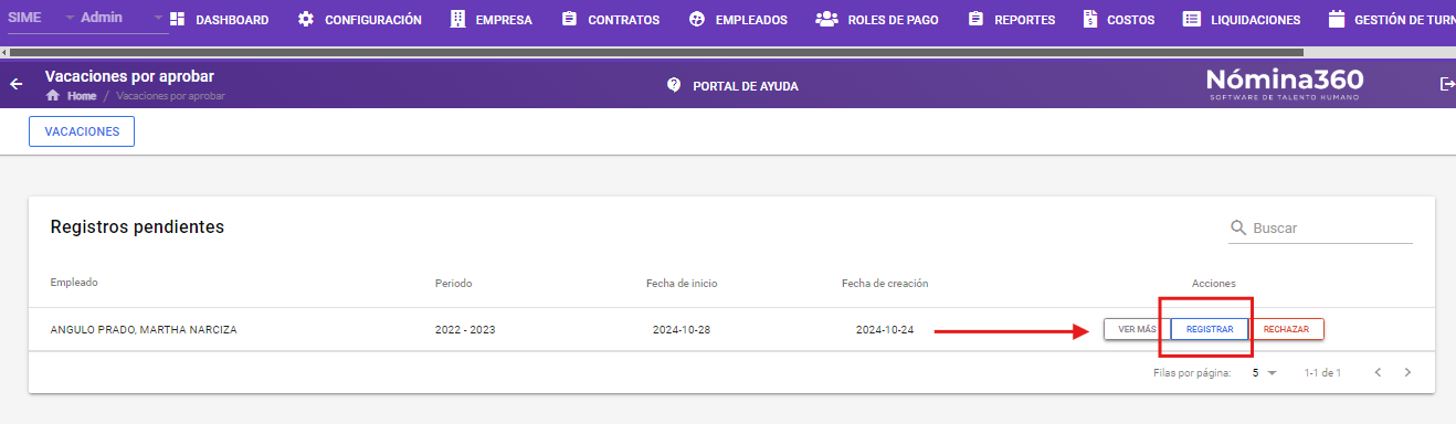 Botón Registrar para vacaciones sin aprobadores asignados
