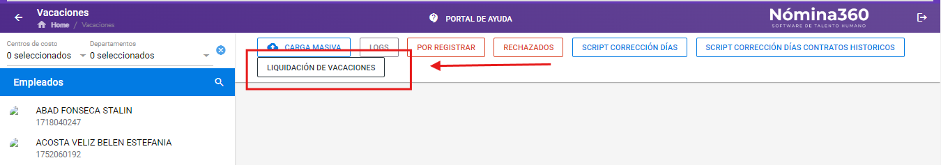 Opción Liquidación de Vacaciones en el módulo de vacaciones
