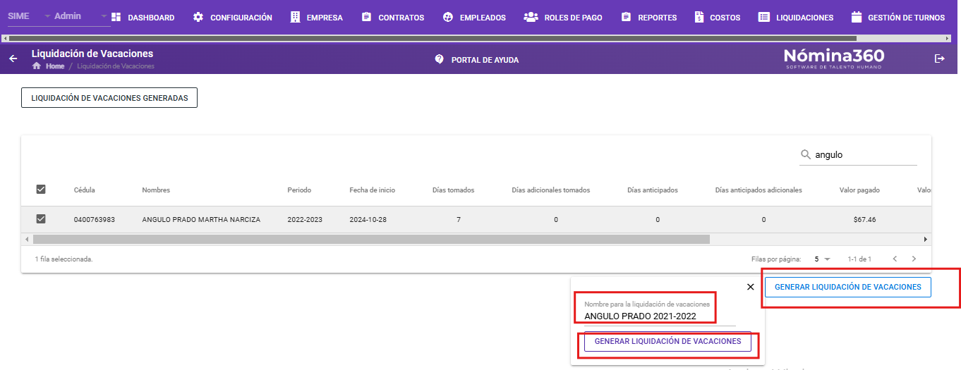 Formulario para generar la liquidación de vacaciones del colaborador
