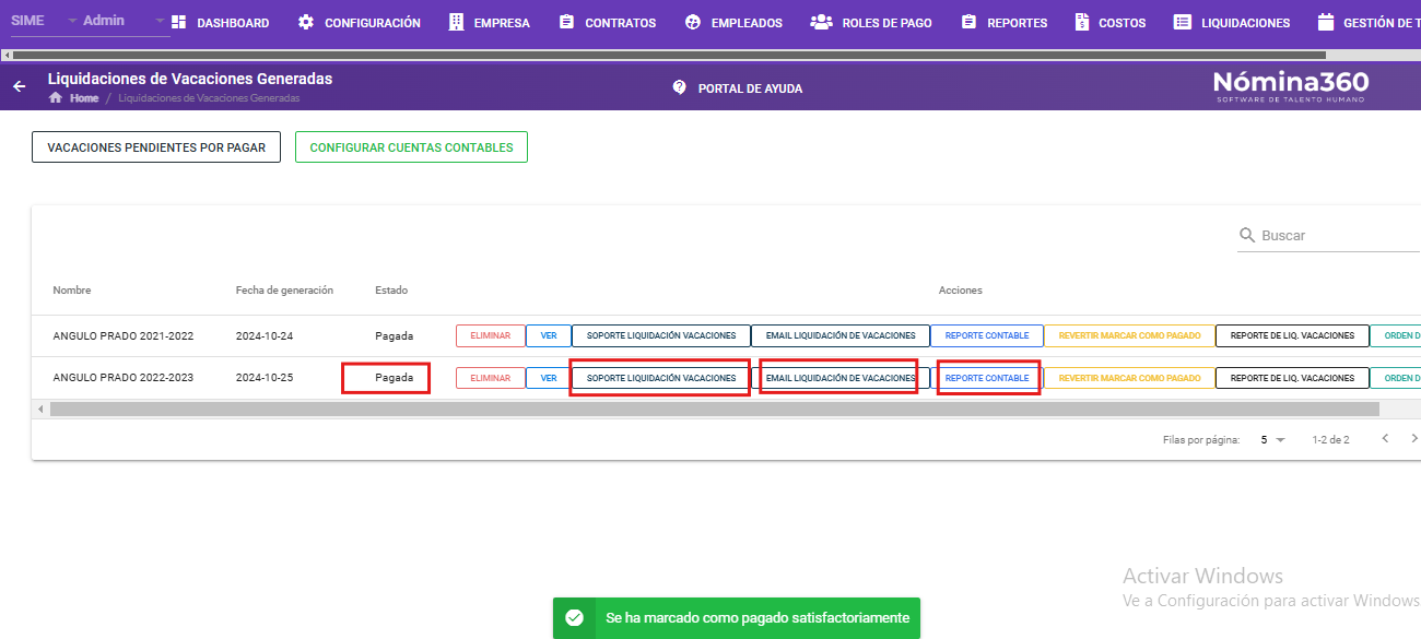 Acciones disponibles por liquidación: soporte, email, reporte, contable