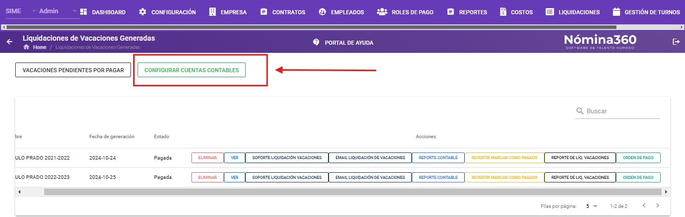 Opción Configurar Cuentas Contables en la liquidación de vacaciones